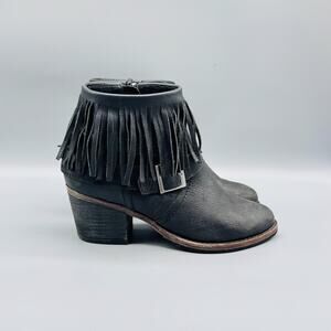 Farylrobin Boots Women 7.5 Black Leather Fringe Ankle Block Heel Side Zip Buckle